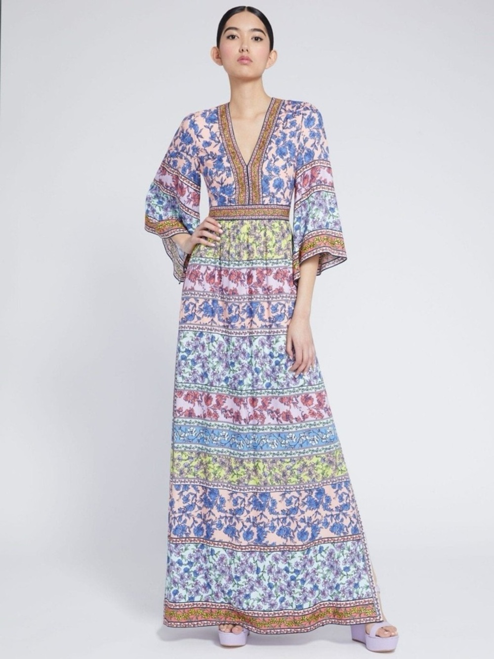 Olive & olivia Lena Floral Stripe V-Neck Maxi Dress in Pastel Multi size 8